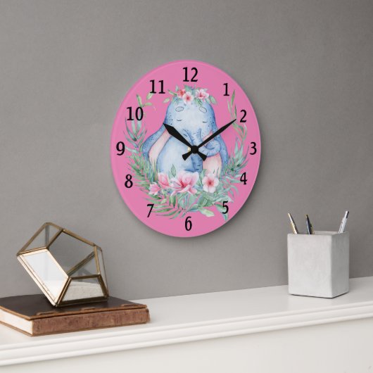 Adorable Sleepy Elephant PInk Floral Baby Kinderzi Große Wanduhr (Büro)