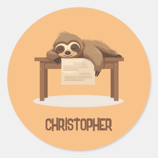 Adorable Sleepy Studium Sloth mit Kindername Runder Aufkleber (Vorderseite)