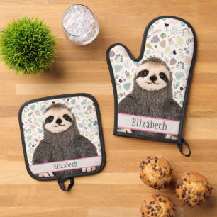 Adorable Sloth Animal Name Hübsch Pattern Name Ofenhandschuh & Topflappen-Set