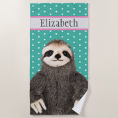 Adorable Sloth Aquamarin Name Kid's Animal Strandtuch (Vorderseite)