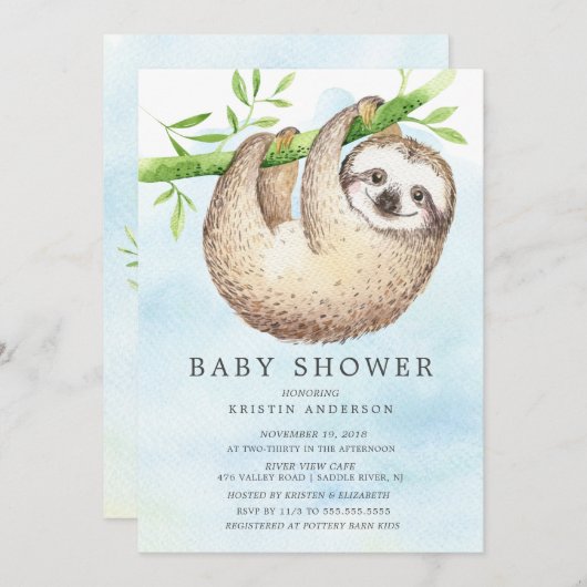 Adorable Sloth Baby Dusche Einladung (Vorne/Hinten)