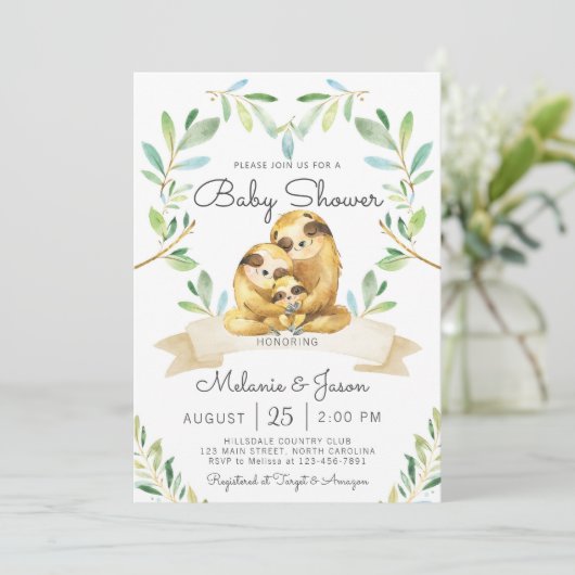 Adorable Sloth Baby Dusche Einladung (Stehend Vorderseite)