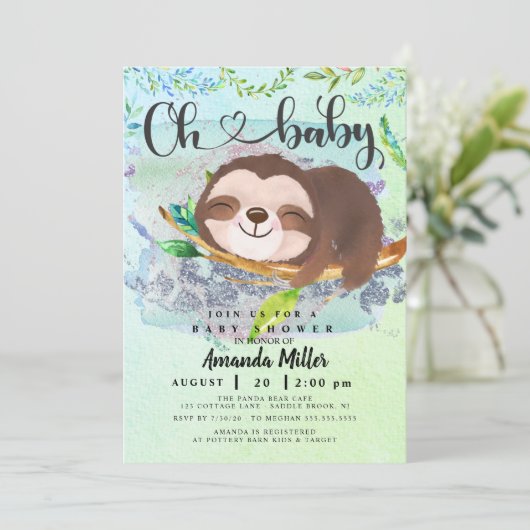 Adorable Sloth Baby Dusche Einladung (Stehend Vorderseite)