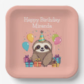 Adorable Sloth Happy Geburtstag Personalisiert Pin Pappteller (Vorderseite)