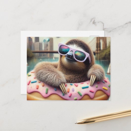 Adorable Sloth schwebend in Doughnut Postkarte (Vorderseite/Rückseite Beispiel)