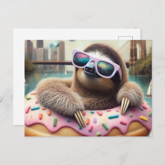 Adorable Sloth schwebend in Doughnut Postkarte (Vorne/Hinten)