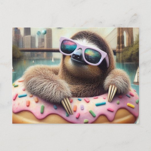 Adorable Sloth schwebend in Doughnut Postkarte (Vorderseite)