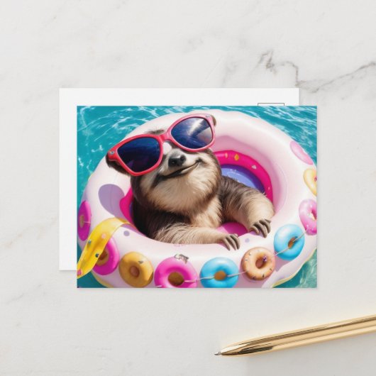 Adorable Sloth schwebend in Doughnut Postkarte (Vorderseite/Rückseite Beispiel)