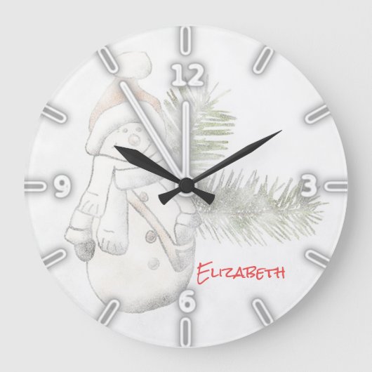 Adorable Snowman Wiith Santa Hat -Personalized Große Wanduhr (Vorderseite)