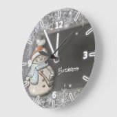 Adorable Snowman With Santa Hat,Snowflakes Große Wanduhr (Winkel)