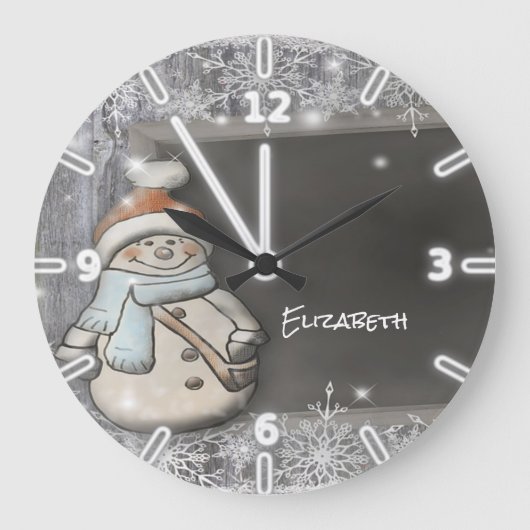 Adorable Snowman With Santa Hat,Snowflakes Große Wanduhr (Vorderseite)