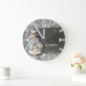Adorable Snowman With Santa Hat,Snowflakes Große Wanduhr (Zuhause)