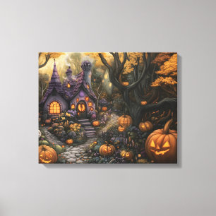Adorable Spooky House and Halloween Pumpkin Patch Leinwanddruck