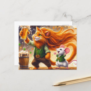 Adorable St Patricks Day Ginger Cat und eine Maus Postkarte