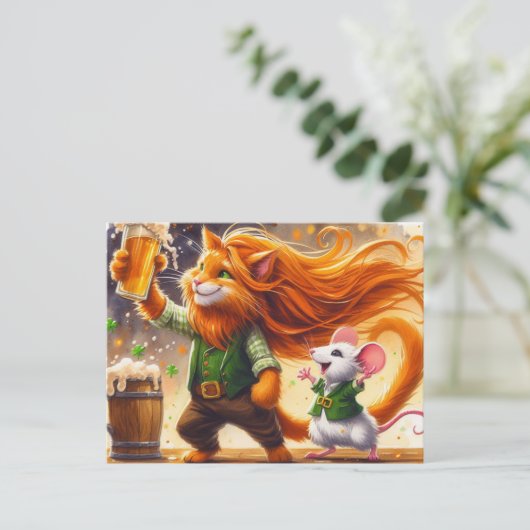 Adorable St Patricks Day Ginger Cat und eine Maus Postkarte (Stehend Vorderseite)