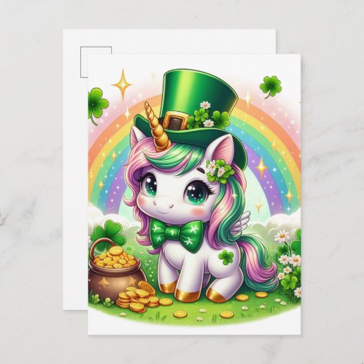 Adorable St. Patricks Day Unicorn Rainbow Gold Postkarte (Vorne/Hinten)