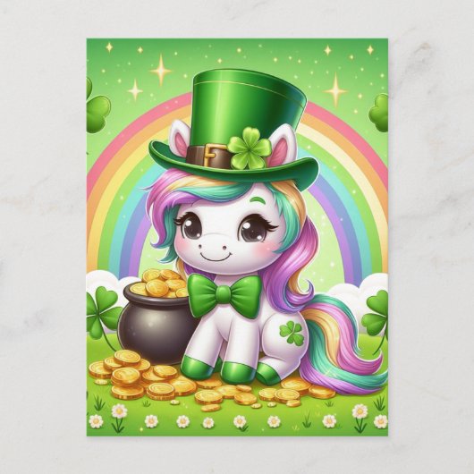 Adorable St. Patricks Day Unicorn Rainbow Gold Postkarte (Vorderseite)