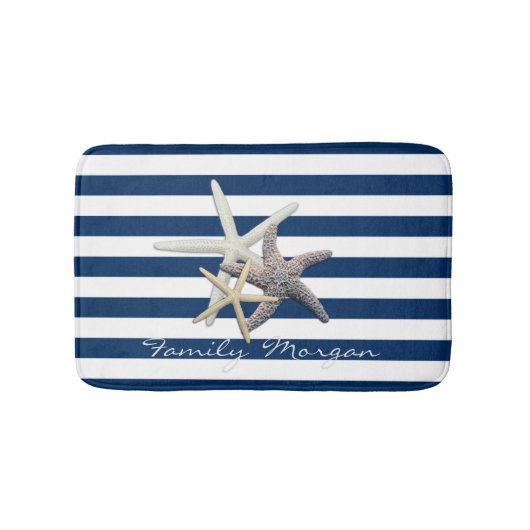 Adorable Starfish, Navy Blue Stripes Personalisier Badematte (Vorderseite)