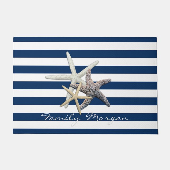 Adorable Starfish, Navy Blue Stripes Personalisier Fußmatte (Vorderseite)