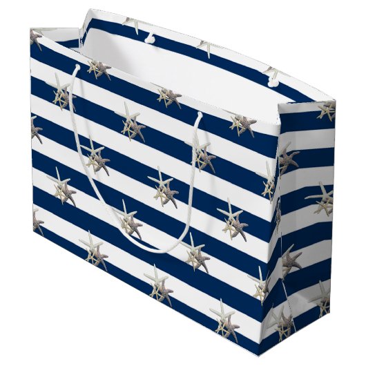 Adorable Starfish, Navy Blue Stripes Personalisier Große Geschenktüte (Rückseite Schrägansicht)