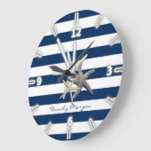 Adorable Starfish, Navy Blue Stripes Personalisier Große Wanduhr (Winkel)
