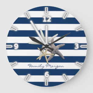 Adorable Starfish, Navy Blue Stripes Personalisier Große Wanduhr