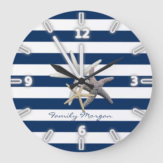 Adorable Starfish, Navy Blue Stripes Personalisier Große Wanduhr (Vorderseite)