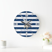 Adorable Starfish, Navy Blue Stripes Personalisier Große Wanduhr (Zuhause)