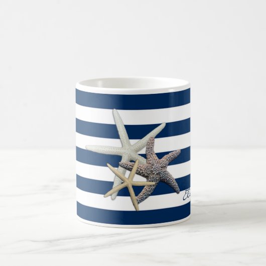 Adorable Starfish, Navy Blue Stripes Personalisier Kaffeetasse (Mittel)