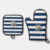 Adorable Starfish, Navy Blue Stripes Personalisier Ofenhandschuh & Topflappen-Set (Vorderseite)