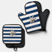 Adorable Starfish, Navy Blue Stripes Personalisier Ofenhandschuh & Topflappen-Set (Vorderseite/Rückseite)