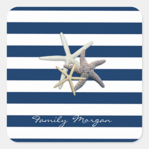 Adorable Starfish, Navy Blue Stripes Personalisier Quadratischer Aufkleber