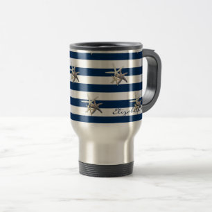 Adorable Starfish, Navy Blue Stripes Personalisier Reisebecher