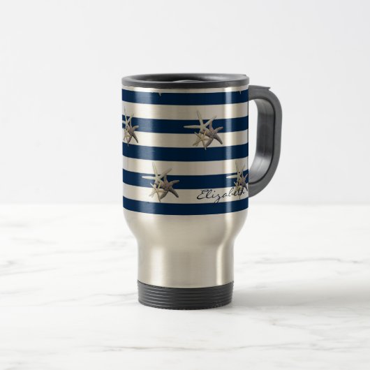 Adorable Starfish, Navy Blue Stripes Personalisier Reisebecher (VorderseiteRechts)