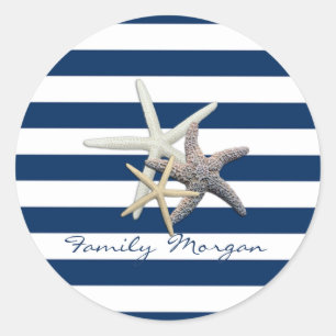 Adorable Starfish, Navy Blue Stripes Personalisier Runder Aufkleber