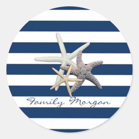 Adorable Starfish, Navy Blue Stripes Personalisier Runder Aufkleber (Vorderseite)
