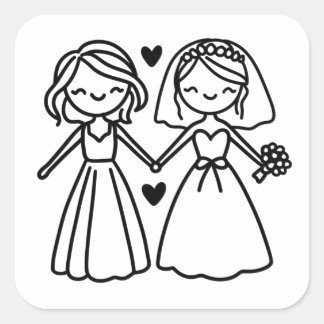 Adorable Strichmännchen Lesbian Brides Wedding Quadratischer Aufkleber