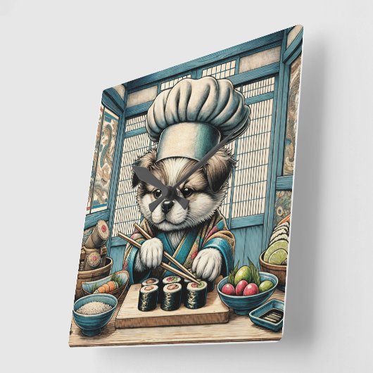 Adorable Sushi Koch Puppy Quadratische Wanduhr (Winkel)