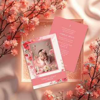 Adorable Sweet Colorful Coral Floral Photo Baptism Einladung