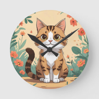 Adorable Tabby Cat in Blossom Garden 8" Round Acry Runde Wanduhr