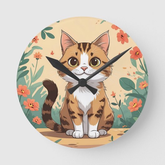 Adorable Tabby Cat in Blossom Garden 8" Round Acry Runde Wanduhr (Vorderseite)