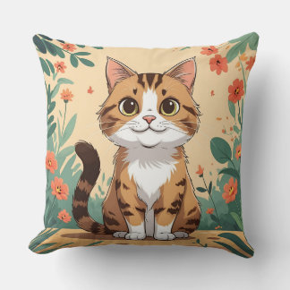 Adorable Tabby Cat in Blossom Garden Throw Pillow Kissen