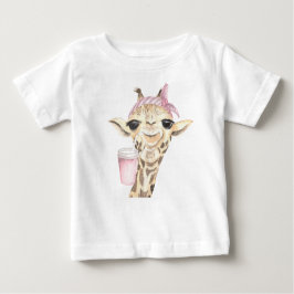 ADORABLE TAN GIRAFFE PINK HAT UND CUP BABY T-SHIRT