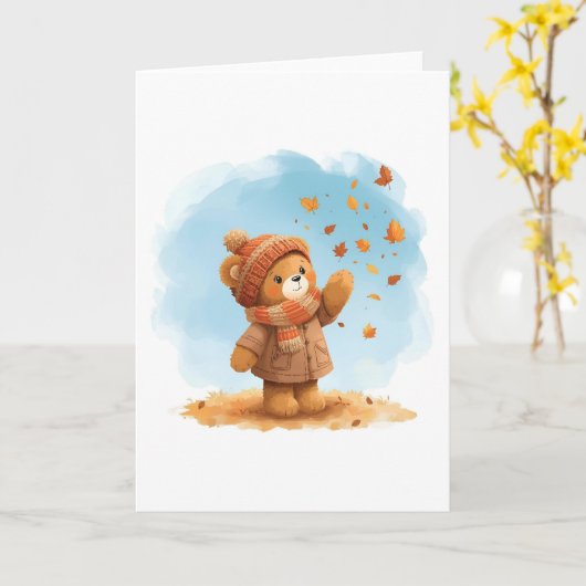 Adorable Teddy Bären Fangen Herbst Blätter Karte (Gelbe Blume)