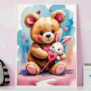 Adorable Teddy Bären Hugging Bunny mit Herz Poster