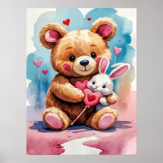 Adorable Teddy Bären Hugging Bunny mit Herz Poster (Vorne)
