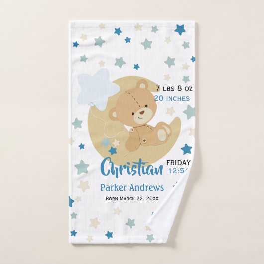 Adorable Teddy Bear Baby Boy Birth Stats Badhandtuch Set (Handtuch)