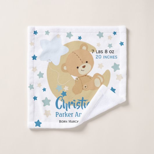 Adorable Teddy Bear Baby Boy Birth Stats Badhandtuch Set (Waschlappen)