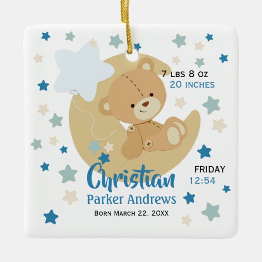 Adorable Teddy Bear Baby Boy Birth Stats Keramikornament (Vorderseite)