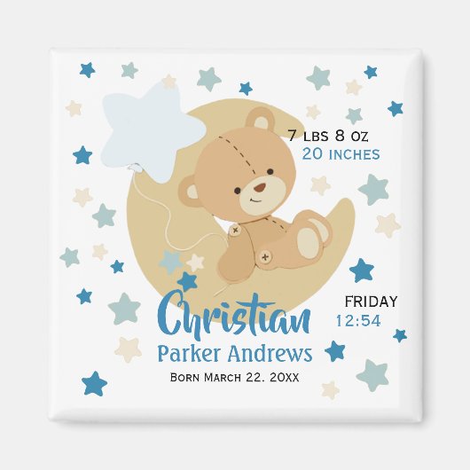 Adorable Teddy Bear Baby Boy Birth Stats Magnet (Vorne)